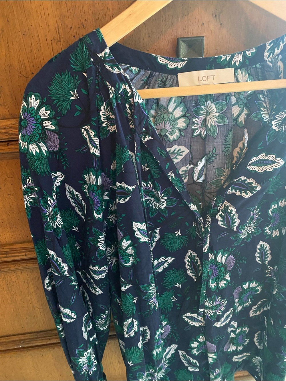 LOFT Navy Floral Scoop-Neck Top with Green Accents